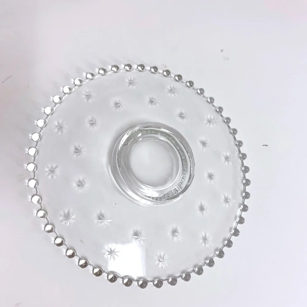 Vintage Clear Glass Cake Stand Hobnail Beaded Rim Etched Starburst 8.25 Inch